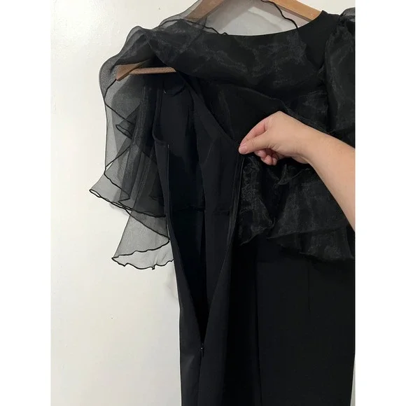 Zara Black Mini Dress Organza Ruffle Sleeve V Neck Party Cocktail Elegant - Picture 5 of 6